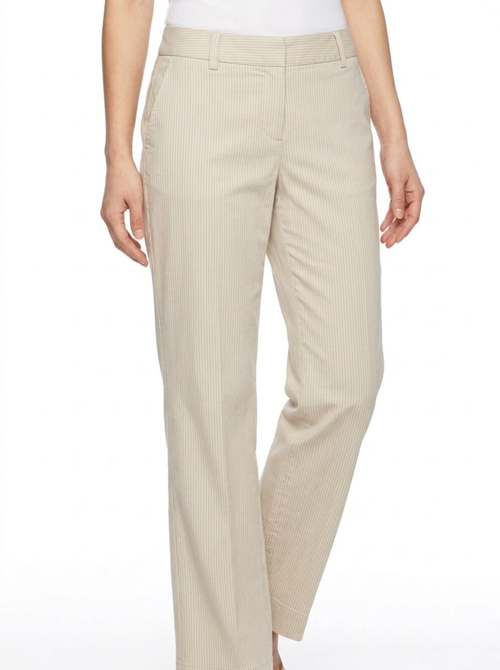 BCBGMAXAZRIA Beige Striped Straight Leg Pockets Pants Women See Measurements